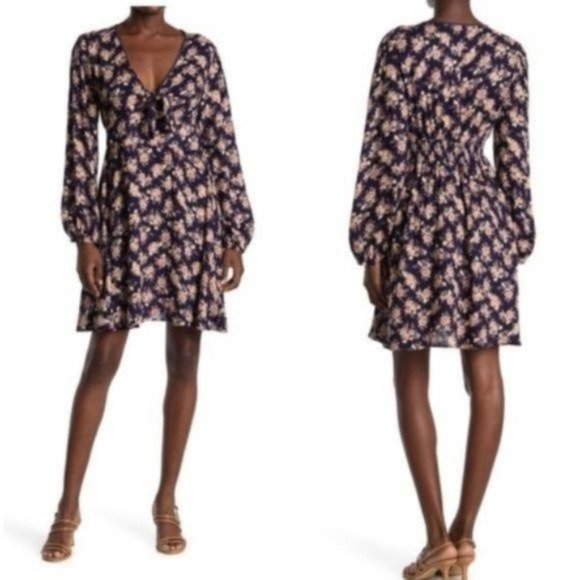 Navy Blue Floral Long Sleeve Front Tie Midi Dress - Picture 3 of 5